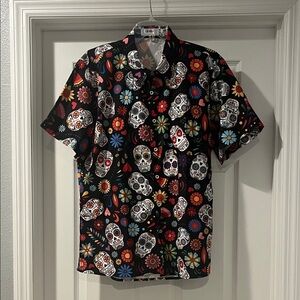 Men's Black Skull and Floral Casual Shirt